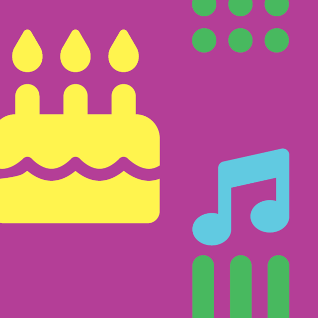 Auf einem Pinken Hintergrund ist ein gelbes Icon von einer Torte mit Kerzen abgebildet. rechts daneben ein blaues Icon von einer Musiknote