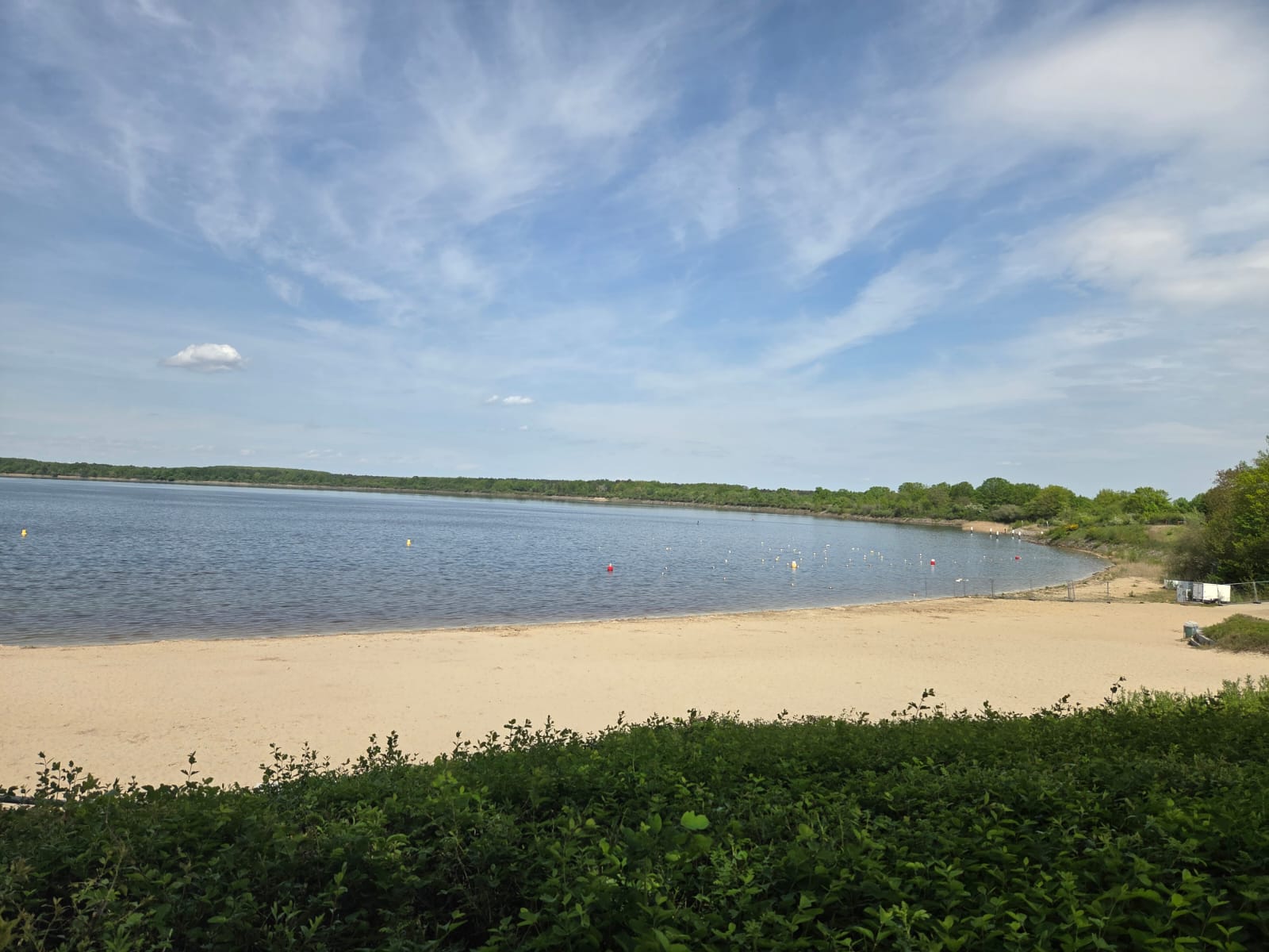Sandstrand an einem See mit blauem Himmel. Im Vordergrund verläuft ein dichter, dunkelgrüner Busch- oder Heckenstreifen. Dahinter liegt ein breiter, heller Sandstrand, der sich nach rechts bogenförmig am Ufer entlangzieht. Der See hat ruhiges Wasser; weiter draußen im Wasser sind mehrere kleine, helle Bojen oder Markierungen verteilt, einzelne wirken rot oder gelb. Am gegenüberliegenden Ufer verläuft eine dichte Baum- und Buschreihe in verschiedenen Grüntönen, die die gesamte Bildbreite ausfüllt. Der Himmel nimmt den oberen Bildteil ein, mit vielen hellen, leicht streifigen Wolken vor einem blauen Hintergrund.
